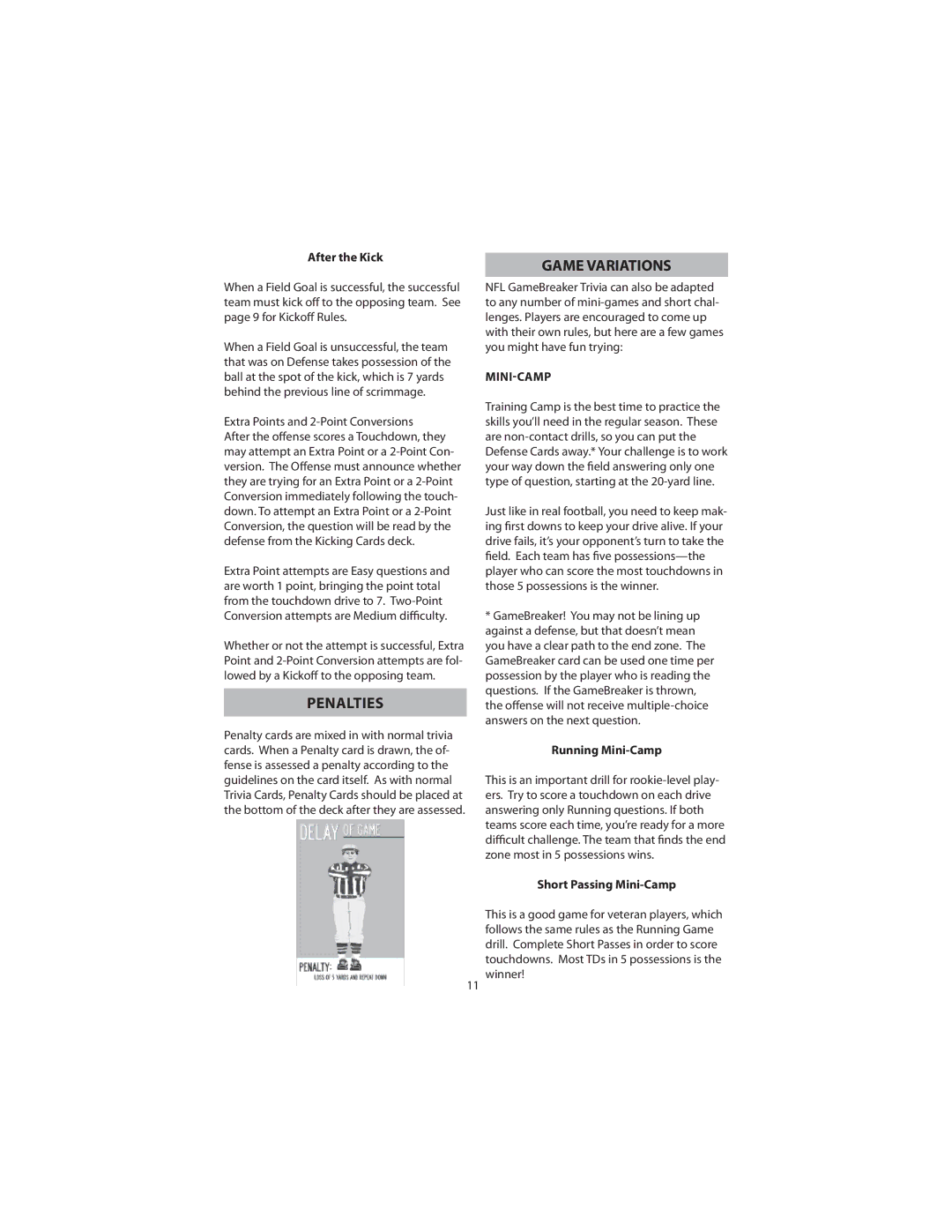 Excalibur electronic NF-05 manual Penalties, Game Variations, Minicamp 