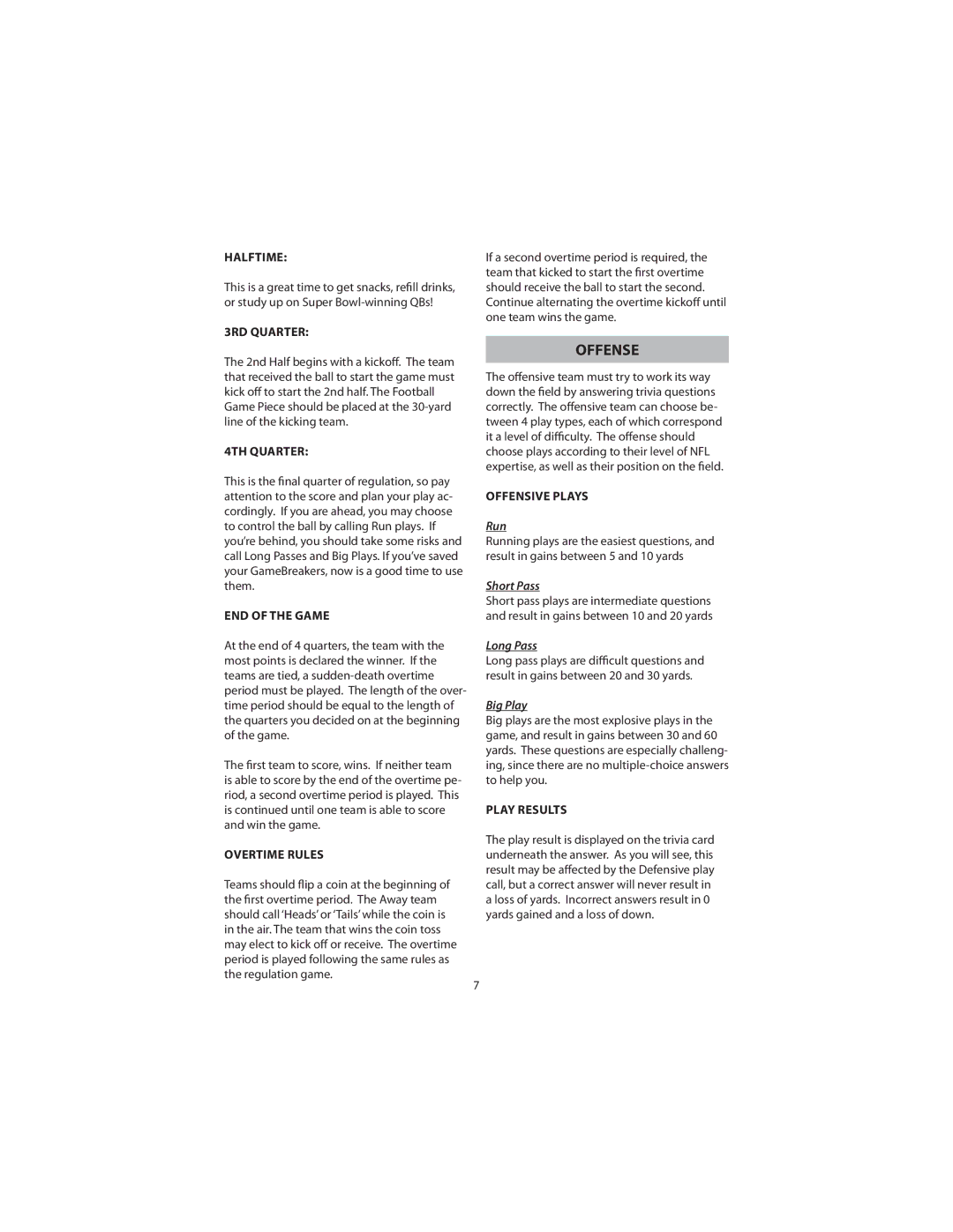 Excalibur electronic NF-05 manual Offense, Run, Short Pass, Long Pass, Big Play 