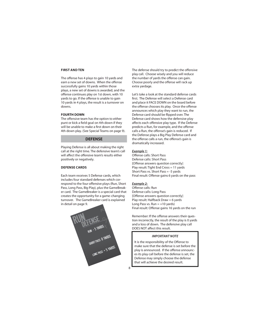 Excalibur electronic NF-05 manual First and TEN, Fourth Down, Defense Cards, Example 