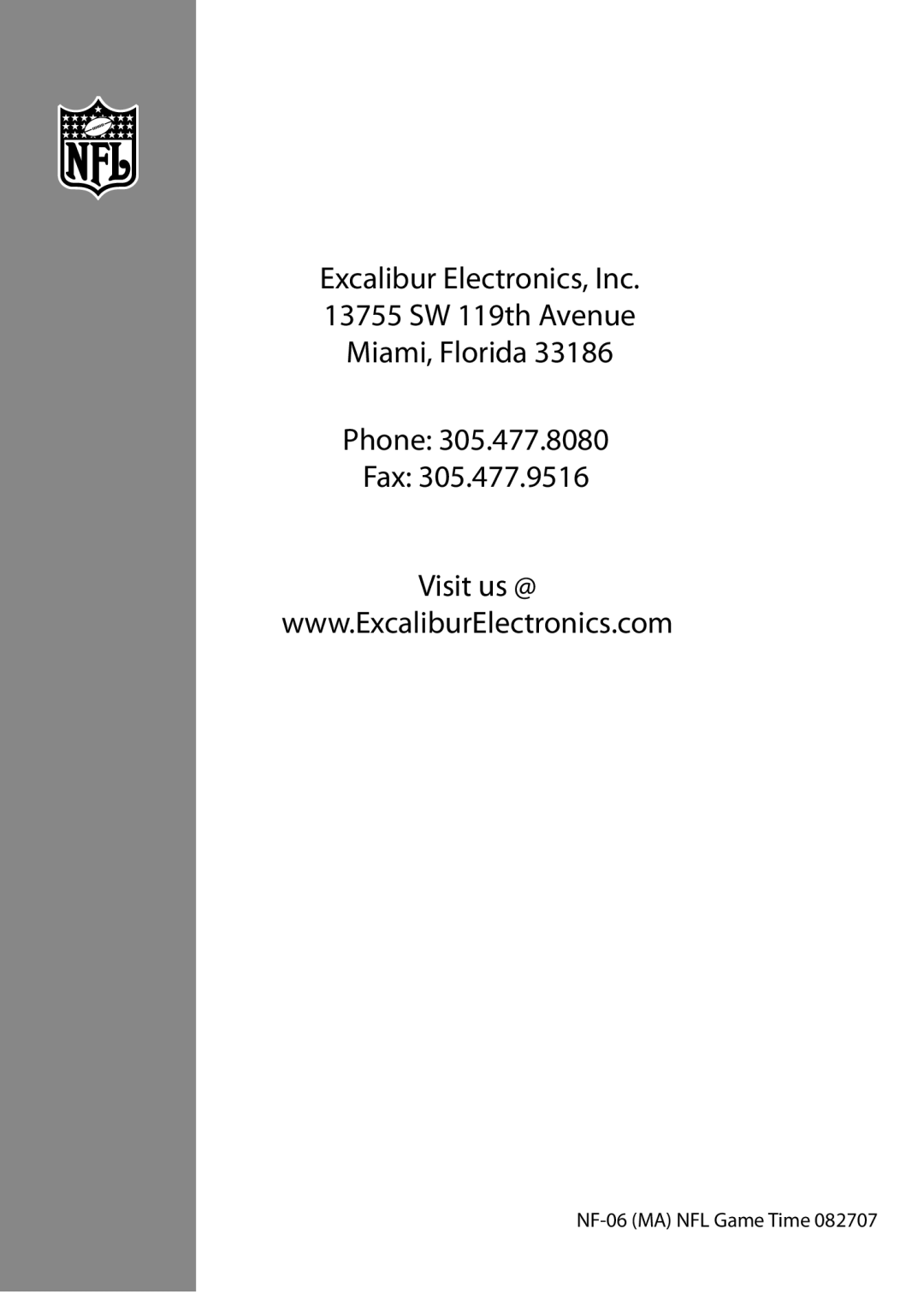 Excalibur electronic manual NF-06 MA NFL Game Time 