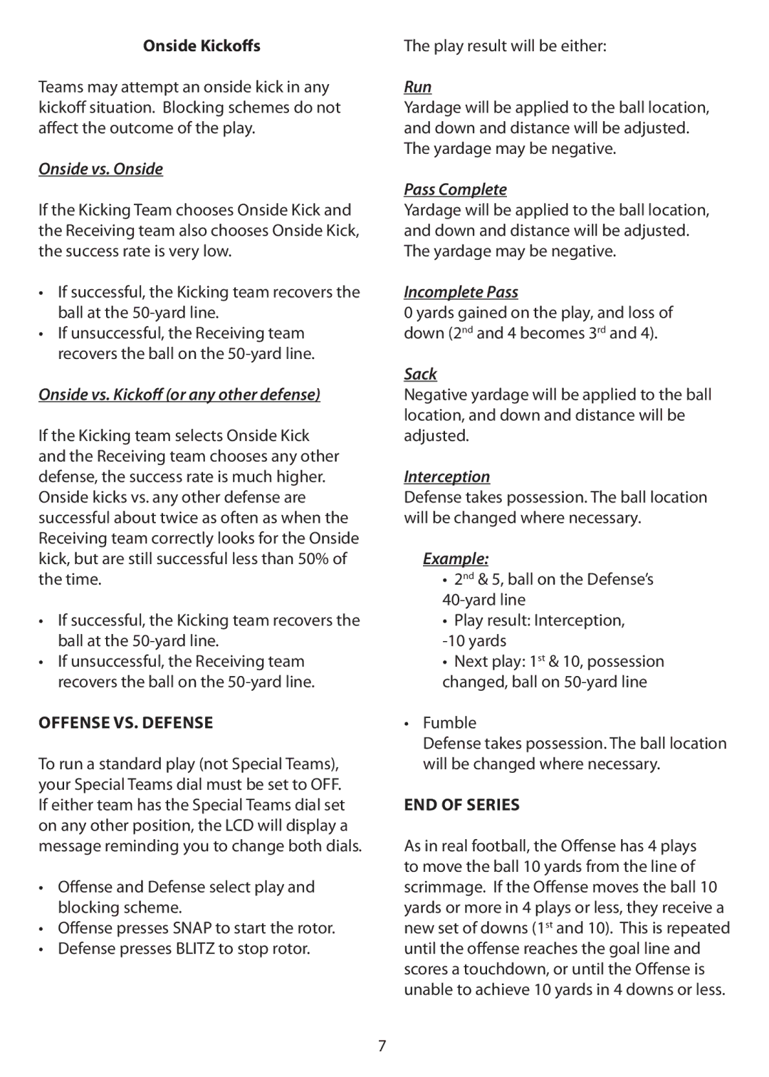 Excalibur electronic NF-06 manual Onside Kickoﬀs, Offense VS. Defense, Fumble, END of Series 