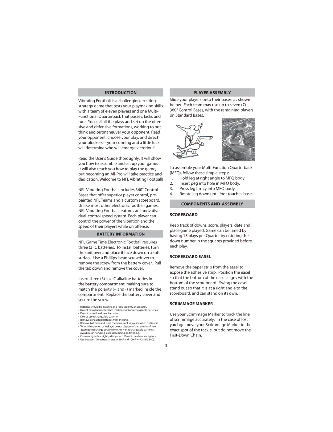 Excalibur electronic NF-07 manual Introduction, Battery Information, Player Assembly, Components and Assembly Scoreboard 