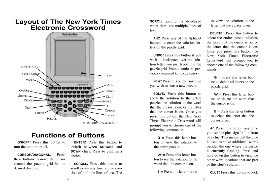 Excalibur electronic NY10 manual Layout of The New York Times Electronic Crossword, Functions of Buttons 