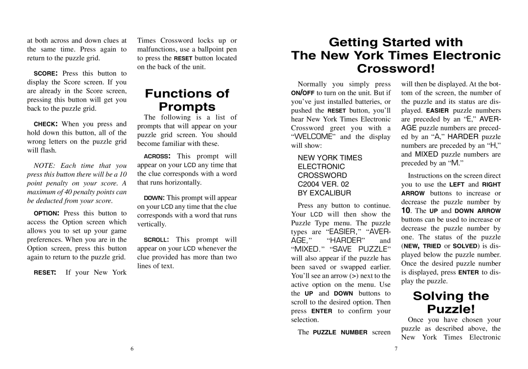 Excalibur electronic NY10 Getting Started with New York Times Electronic Crossword, Functions Prompts, Solving Puzzle 