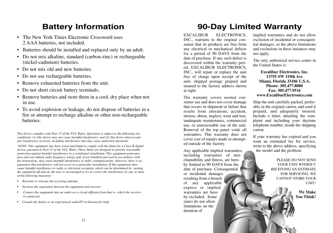 Excalibur electronic NY10 manual Battery Information Day Limited Warranty 