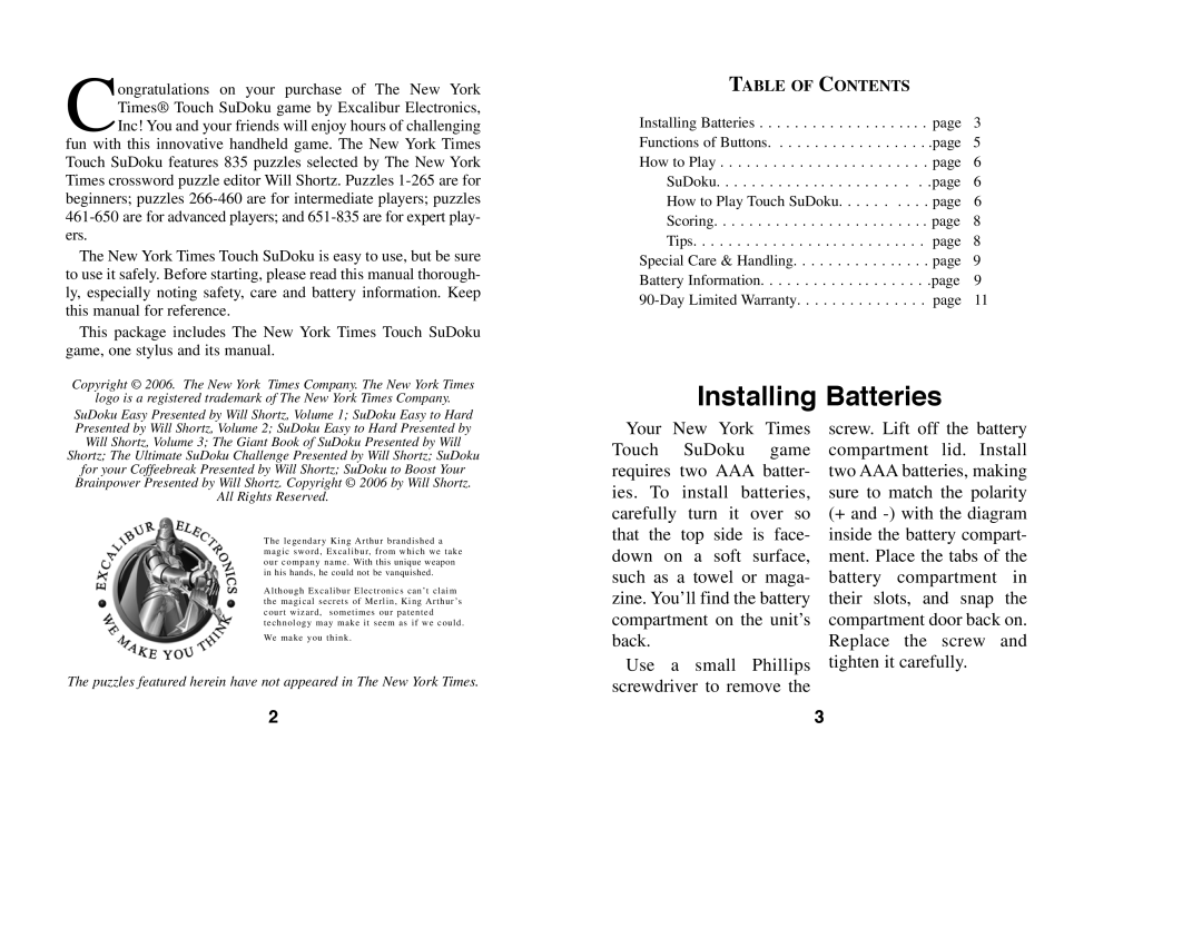 Excalibur electronic NY53-CS manual Installing Batteries, Table of Contents 