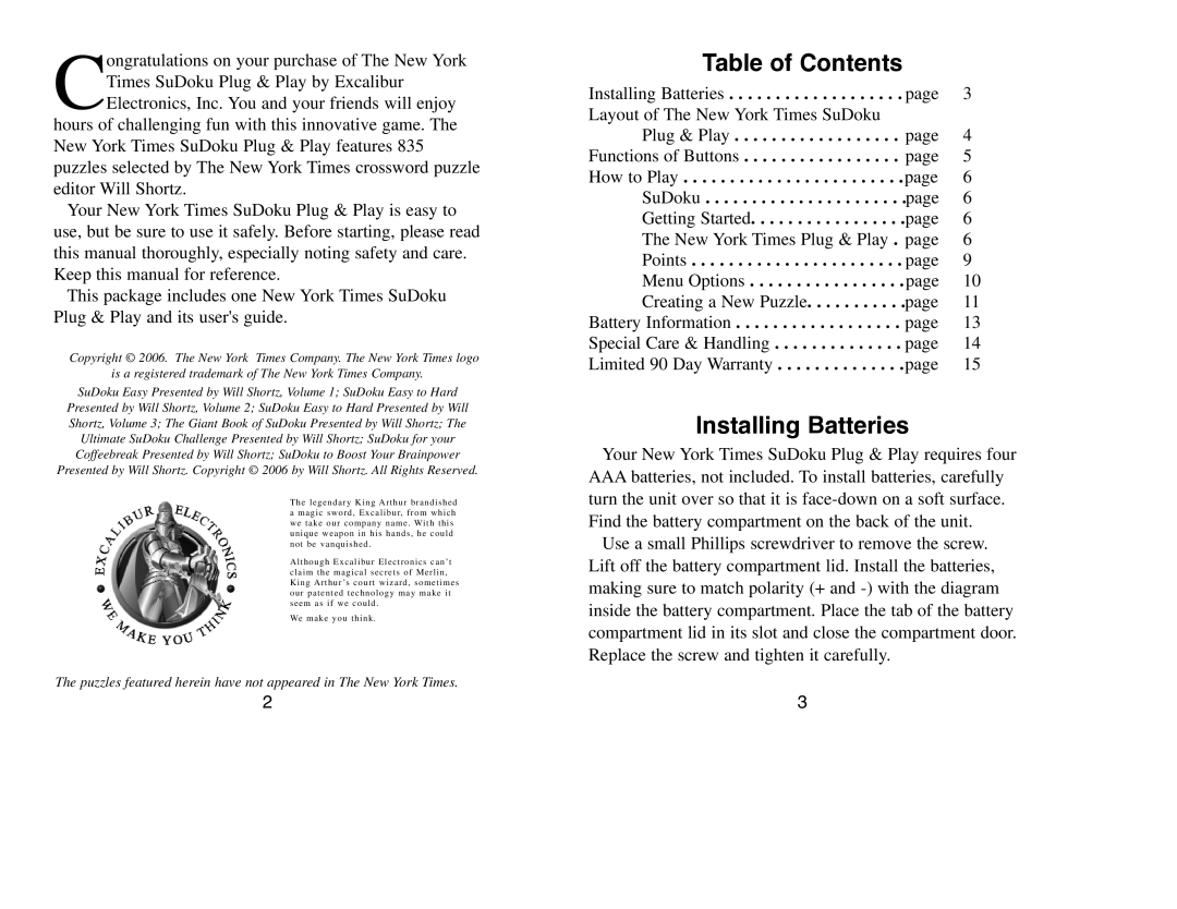 Excalibur electronic NY90 manual Table of Contents, Installing Batteries 