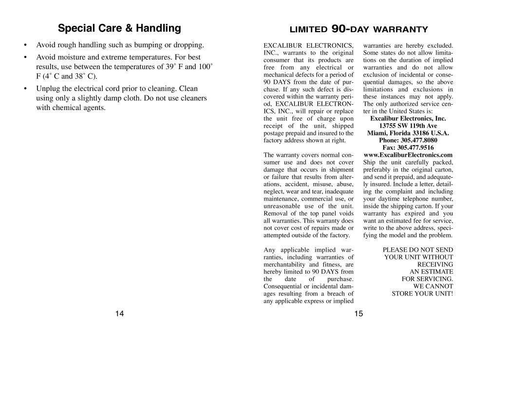 Excalibur electronic NY90 manual Special Care & Handling, Limited 90-DAY Warranty 