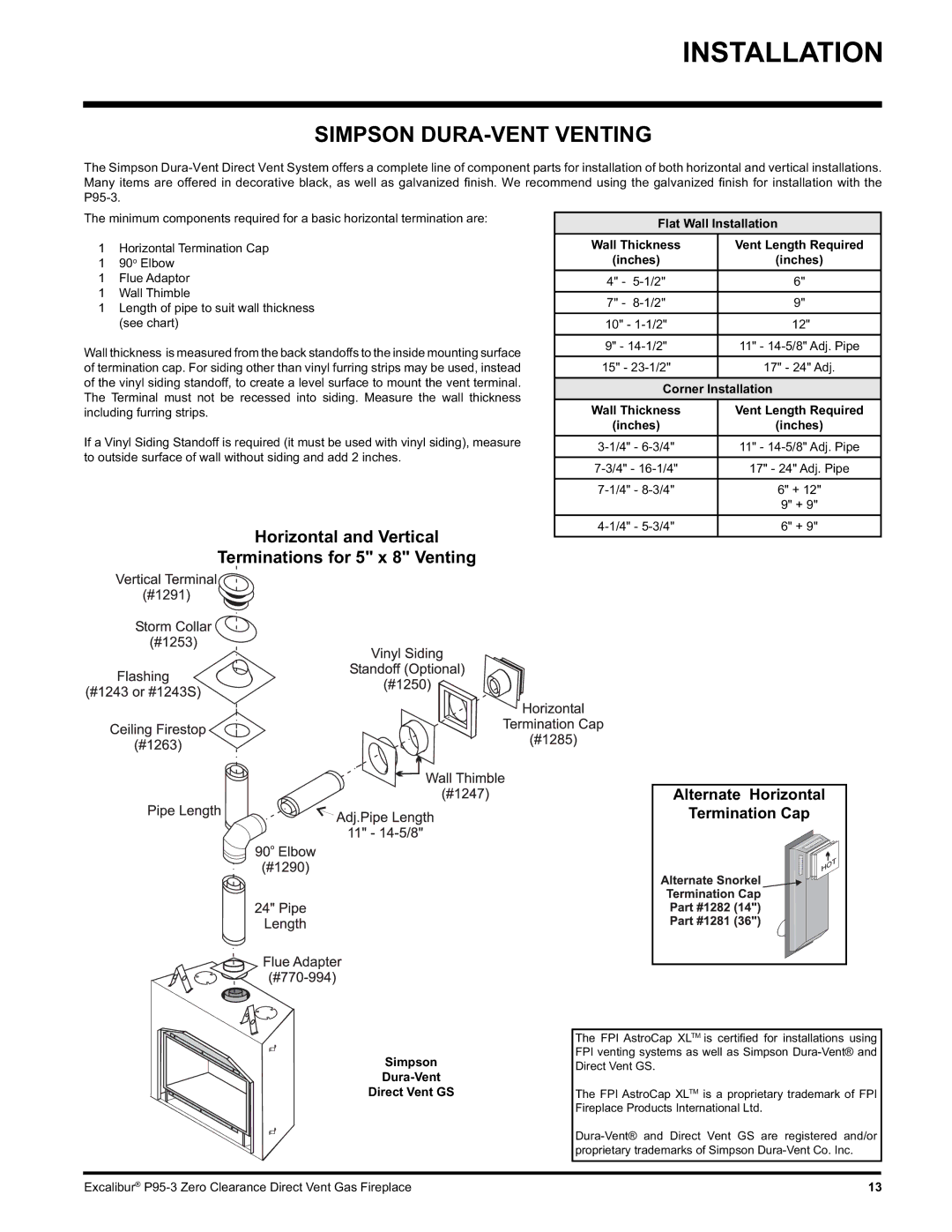 Excalibur electronic P95-LP3, P95-NG3 Simpson DURA-VENT Venting, Alternate Horizontal Termination Cap, Corner Installation 