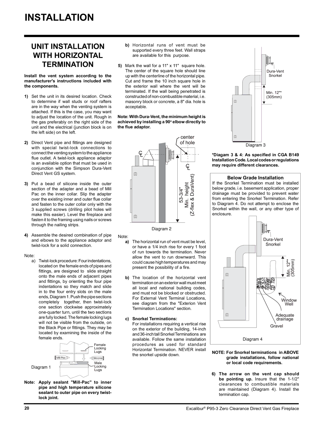 Excalibur electronic P95-NG3, P95-LP3 installation manual Below Grade Installation, Snorkel Terminations 