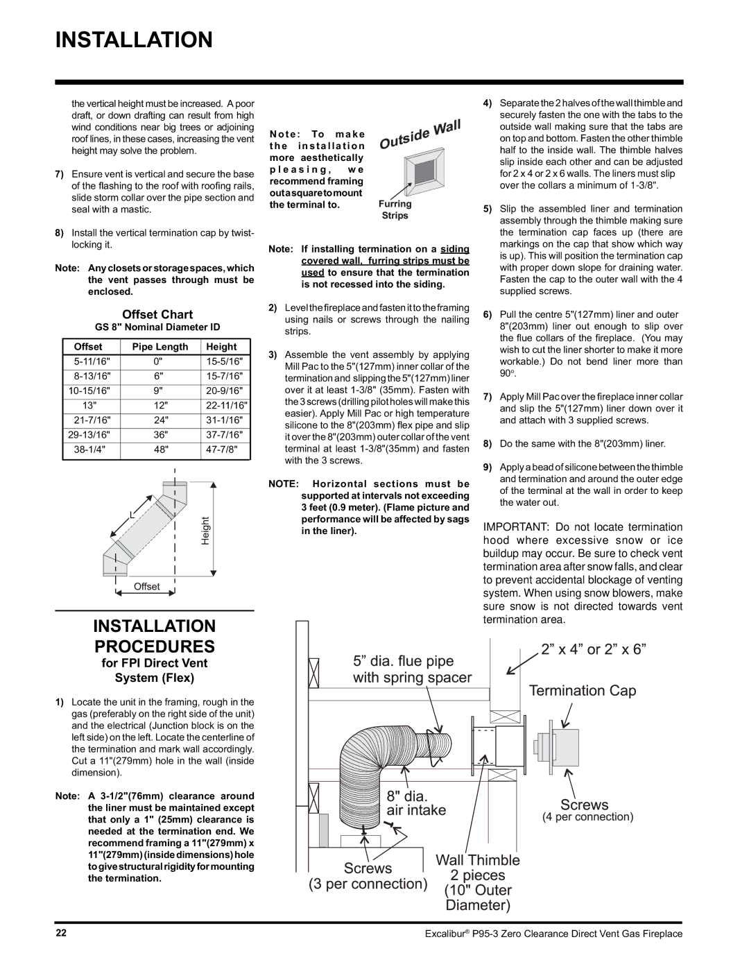 Excalibur electronic P95-NG3, P95-LP3 Installation Procedures, Offset Chart, For FPI Direct Vent System Flex, Height 