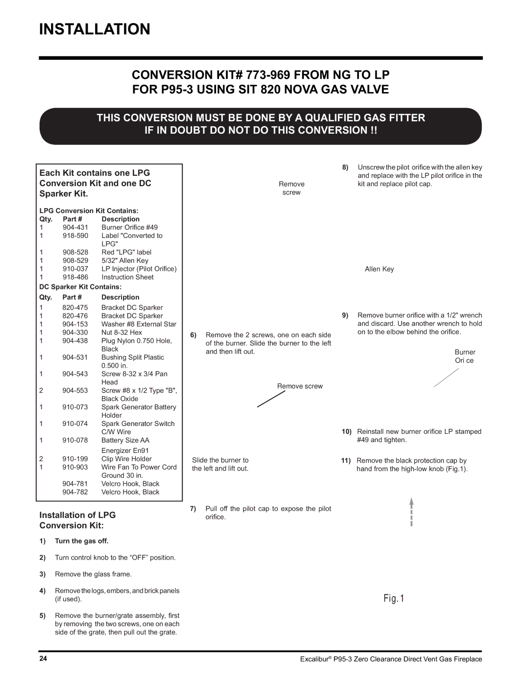 Excalibur electronic P95-NG3, P95-LP3 installation manual Installation of LPG Conversion Kit 