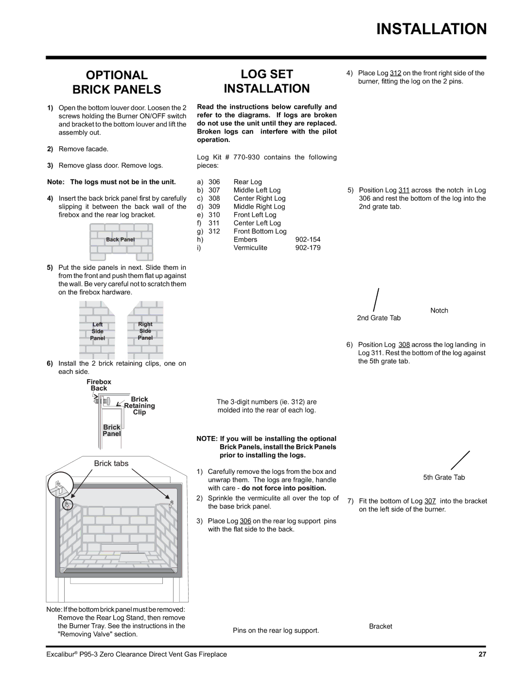 Excalibur electronic P95-LP3, P95-NG3 installation manual Optional Brick Panels, LOG SET Installation 