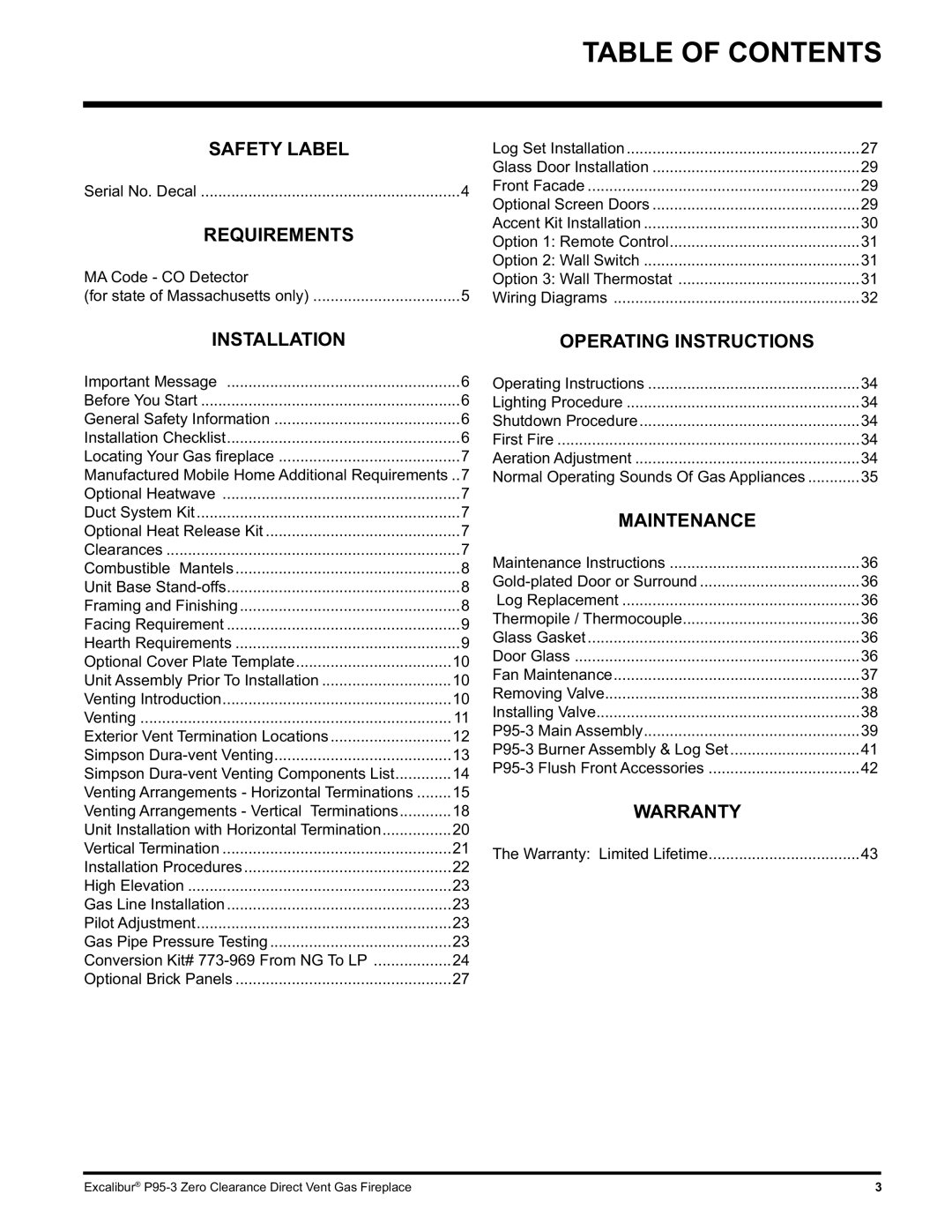 Excalibur electronic P95-LP3, P95-NG3 installation manual Table of Contents 