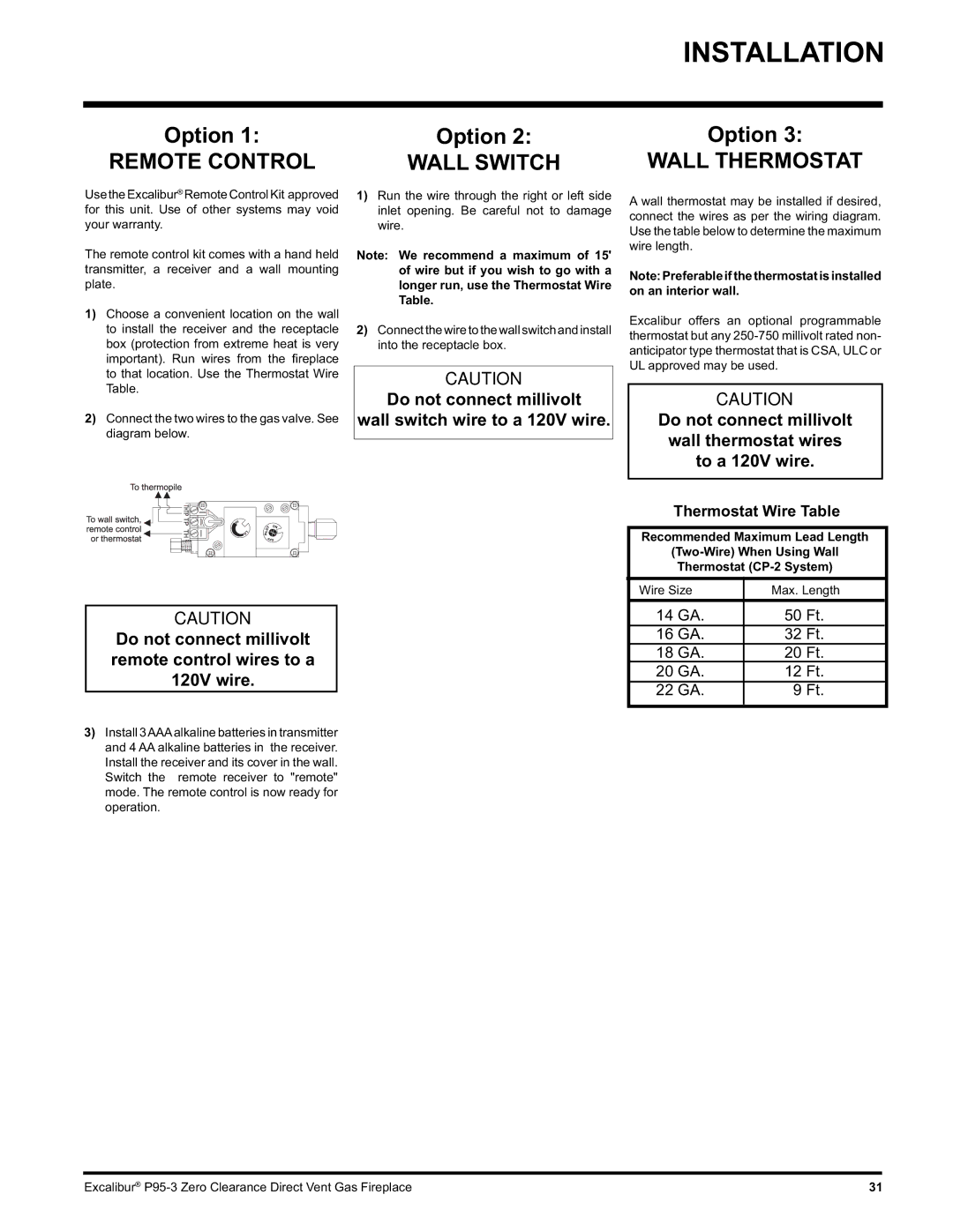 Excalibur electronic P95-LP3, P95-NG3 installation manual Wall Thermostat, Thermostat Wire Table 