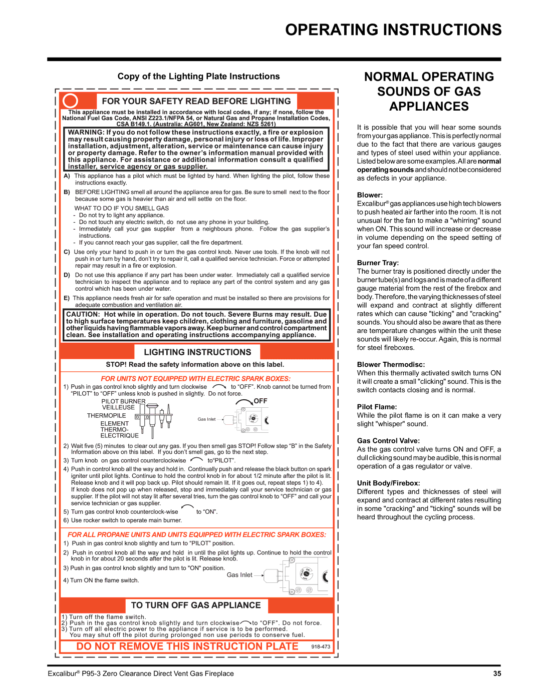 Excalibur electronic P95-LP3, P95-NG3 Normal Operating Sounds of GAS Appliances, Copy of the Lighting Plate Instructions 