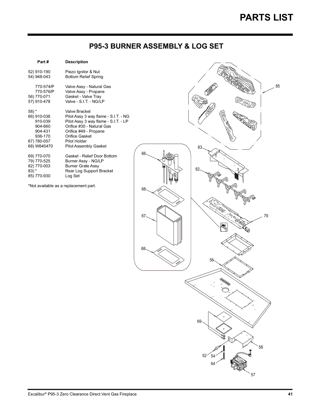 Excalibur electronic P95-LP3, P95-NG3 installation manual P95-3 Burner Assembly & LOG SET 