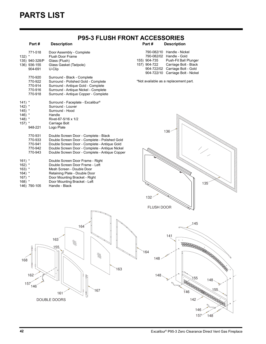 Excalibur electronic P95-NG3, P95-LP3 installation manual P95-3 Flush Front Accessories, Description 