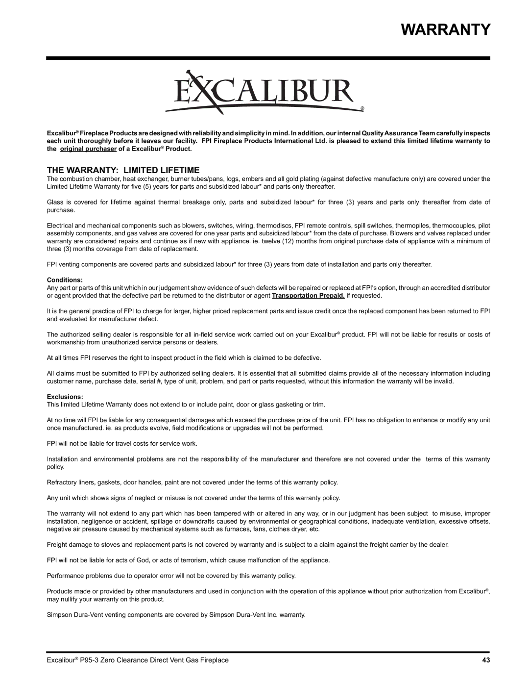 Excalibur electronic P95-LP3, P95-NG3 installation manual Warranty Limited Lifetime 