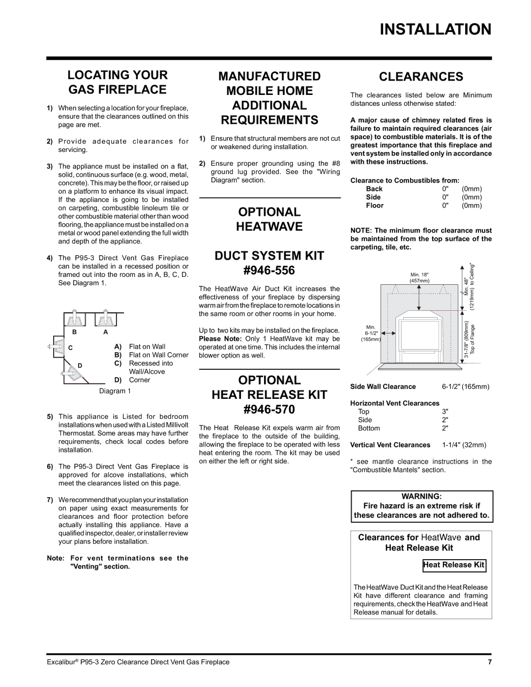 Excalibur electronic P95-LP3 Locating Your GAS Fireplace, Manufactured Mobile Home Additional Requirements, Clearances 