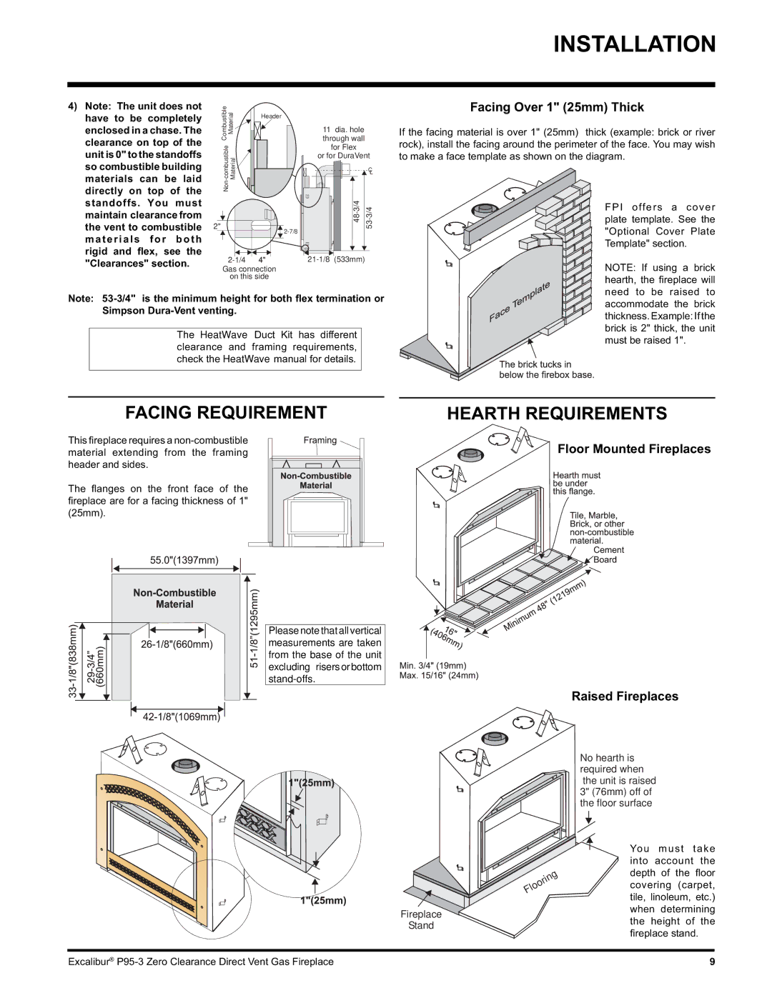 Excalibur electronic P95-LP3, P95-NG3 installation manual Facing Requirement, Hearth Requirements, Facing Over 1 25mm Thick 