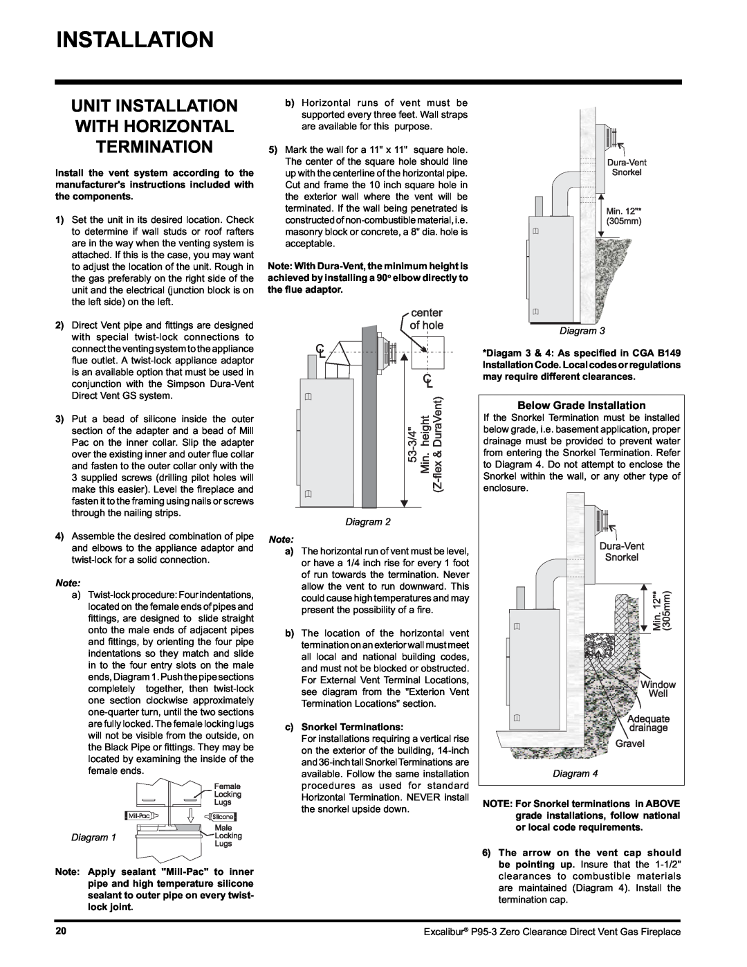 Excalibur electronic P95-NG3, P95-LP3 Unit Installation With Horizontal Termination, Diagram, cSnorkel Terminations 
