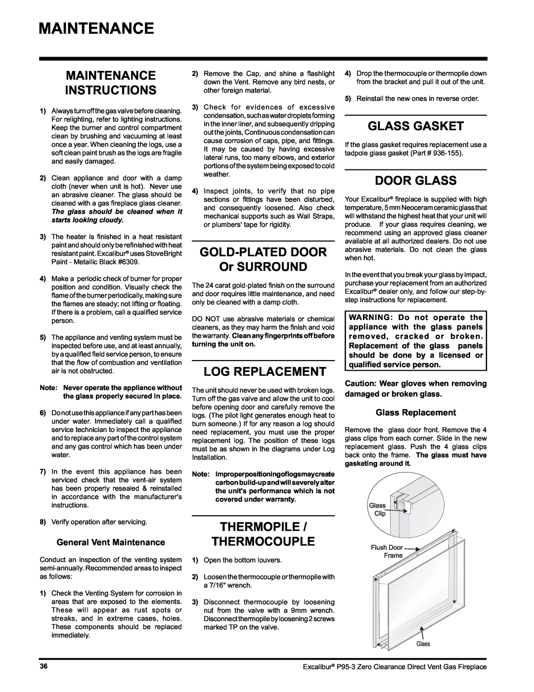 Excalibur electronic P95-NG3 Maintenance Instructions, GOLD-PLATEDDOOR Or SURROUND, Log Replacement, Glass Gasket 