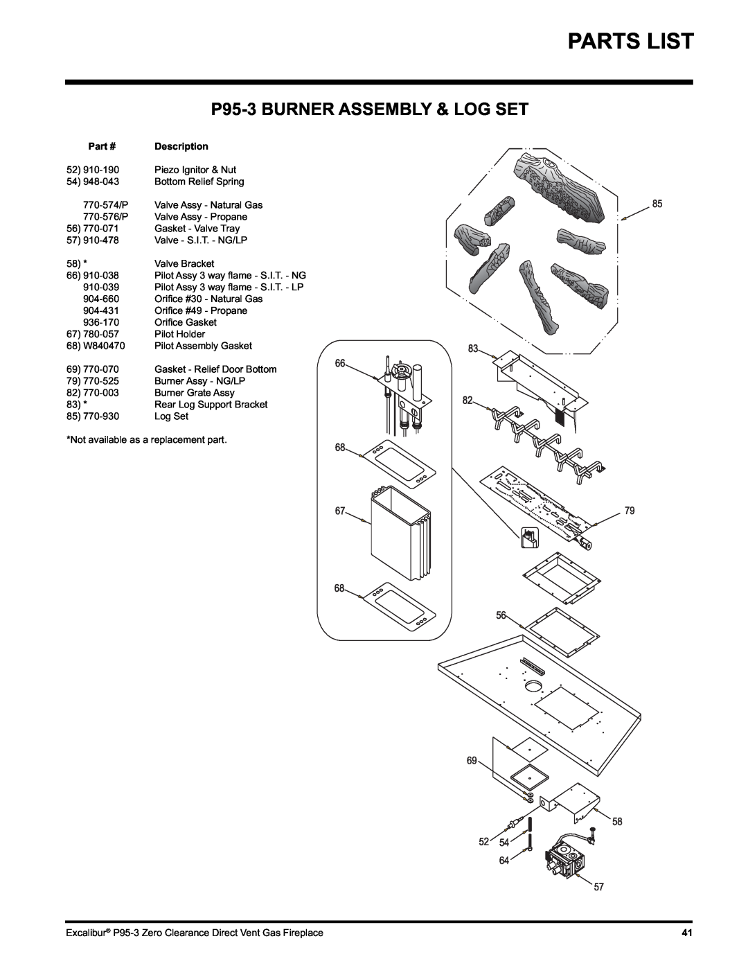 Excalibur electronic P95-LP3, P95-NG3 installation manual Parts List, P95-3BURNER ASSEMBLY & LOG SET, Description 