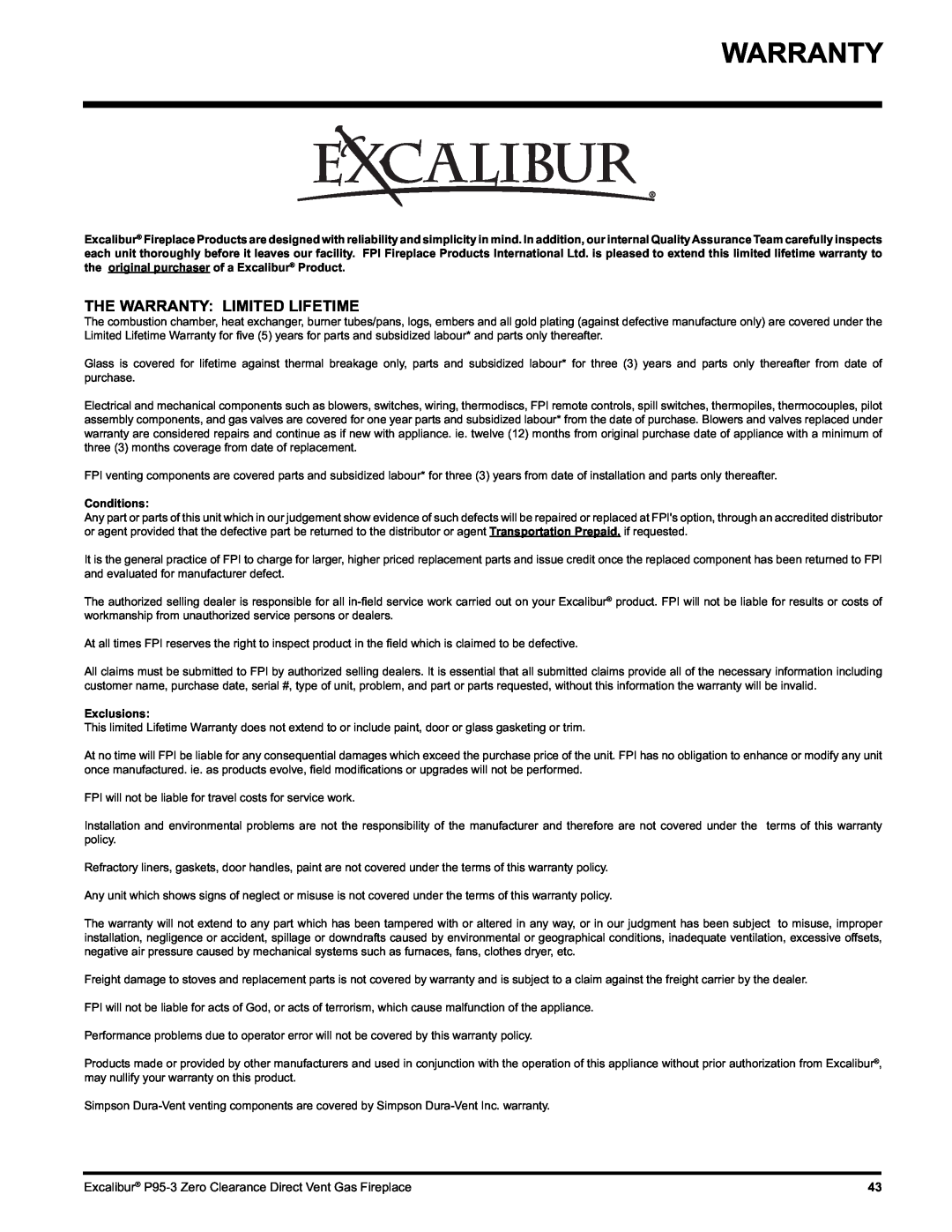 Excalibur electronic P95-LP3, P95-NG3 installation manual The Warranty Limited Lifetime, Conditions, Exclusions 