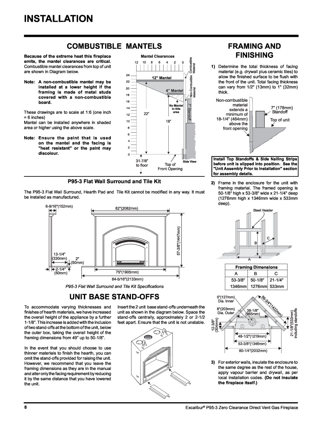 Excalibur electronic P95-NG3, P95-LP3 Installation, Combustible Mantels, Framing And Finishing, Unit Base Stand-Offs 