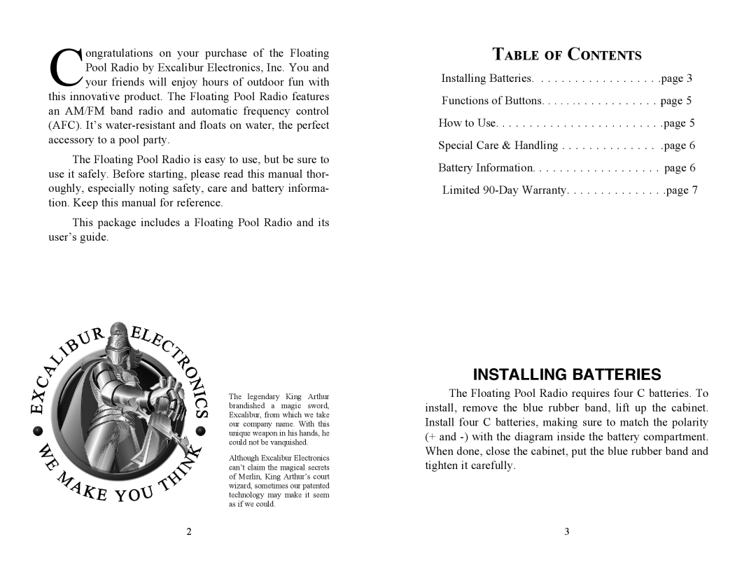 Excalibur electronic PR40S-1 manual Installing Batteries 