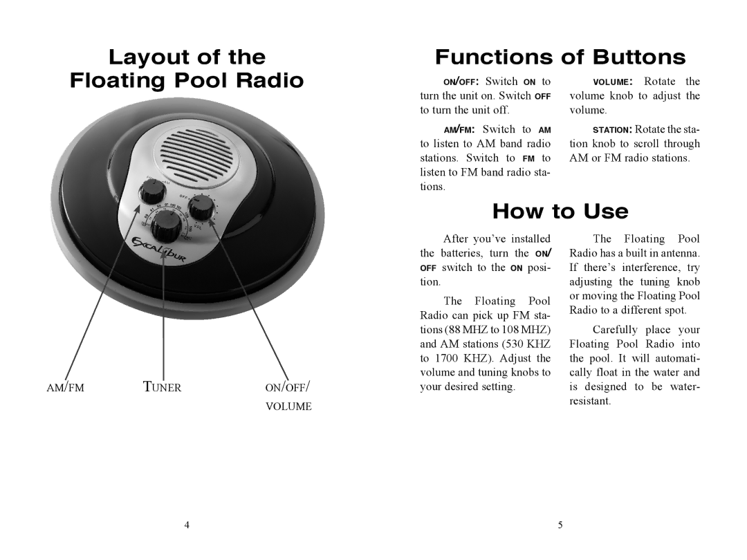 Excalibur electronic PR40S-1 manual Layout Functions of Buttons Floating Pool Radio 