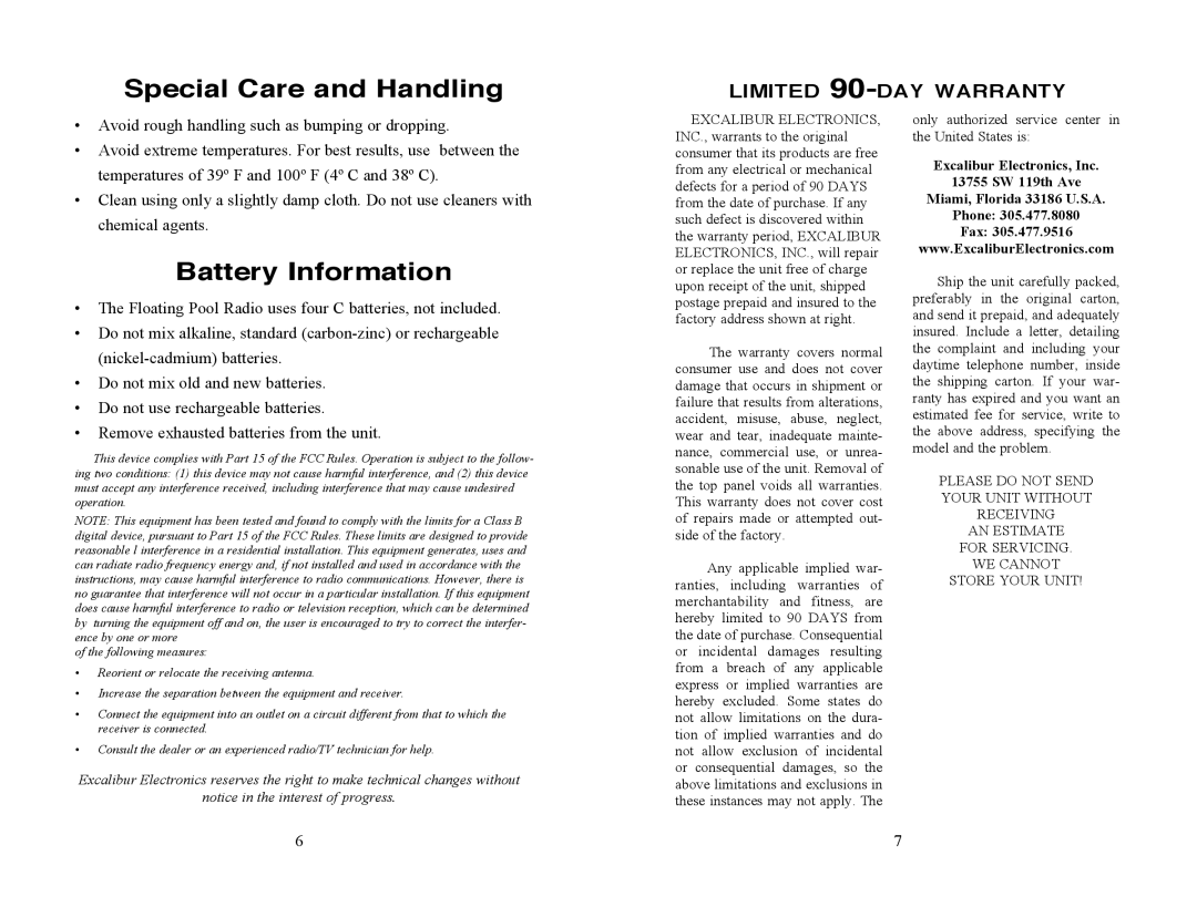 Excalibur electronic PR40S-1 manual Special Care and Handling 