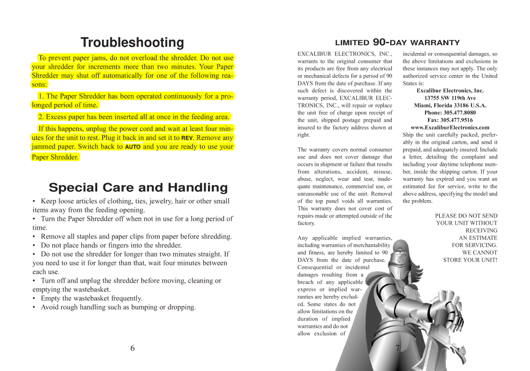 Excalibur electronic PS116 manual Troubleshooting, Special Care and Handling, Limited 90-DAY Warranty 