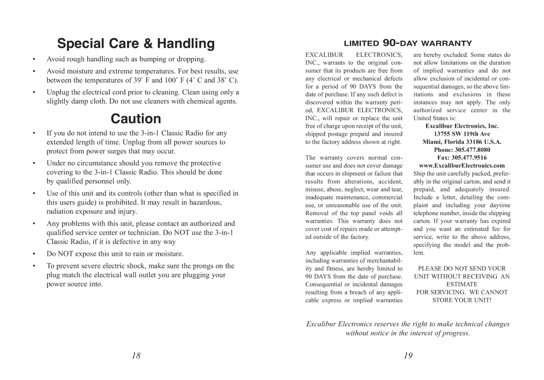 Excalibur electronic RD54 manual Special Care & Handling, Limited 90-DAY Warranty 