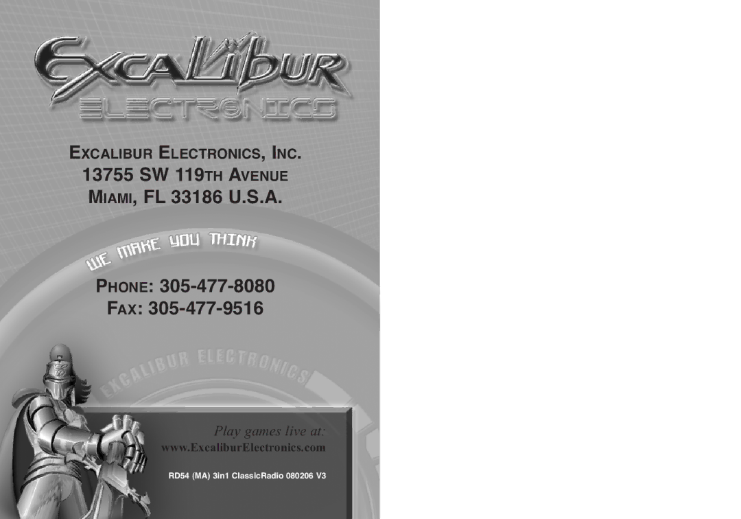 Excalibur electronic RD54 manual 13755 SW 119TH Avenue MIAMI, FL 33186 U.S.A Phone FAX 