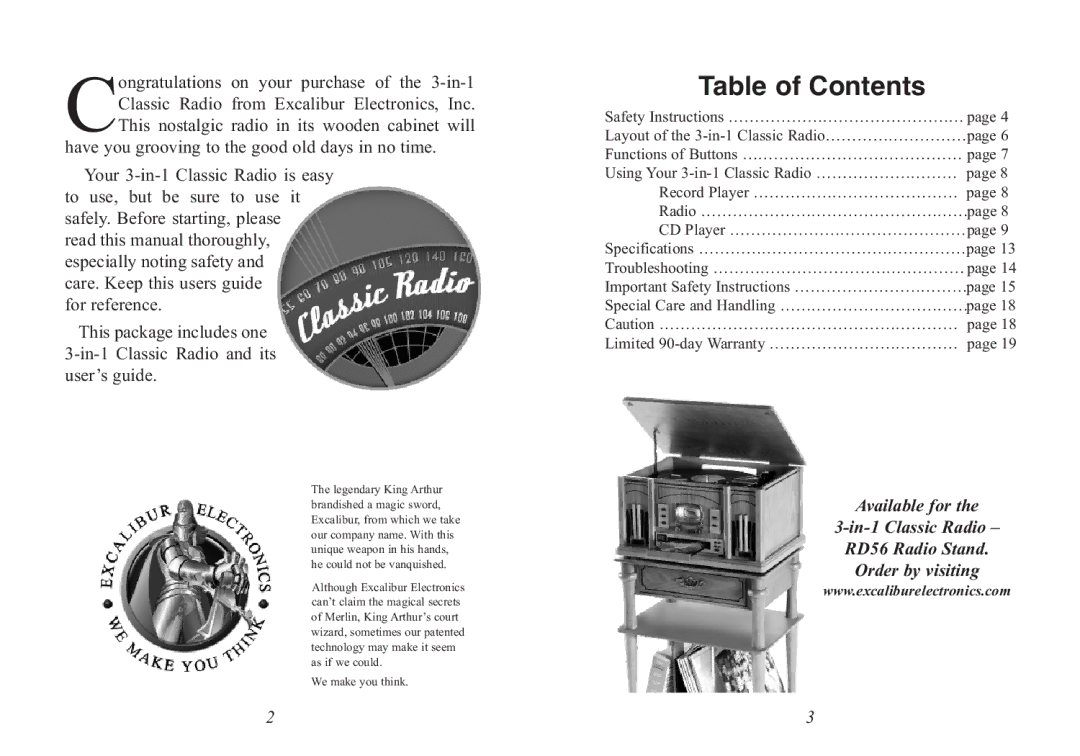 Excalibur electronic RD54 manual Table of Contents 