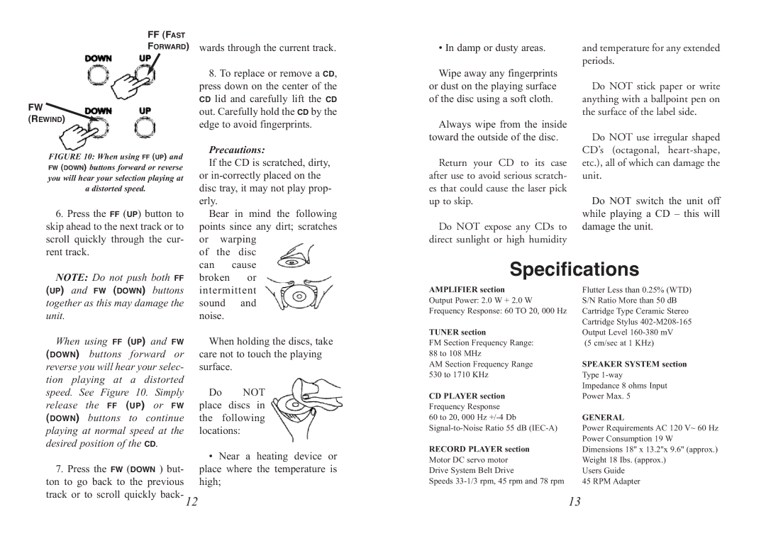 Excalibur electronic RD54 manual Specifications, Precautions 