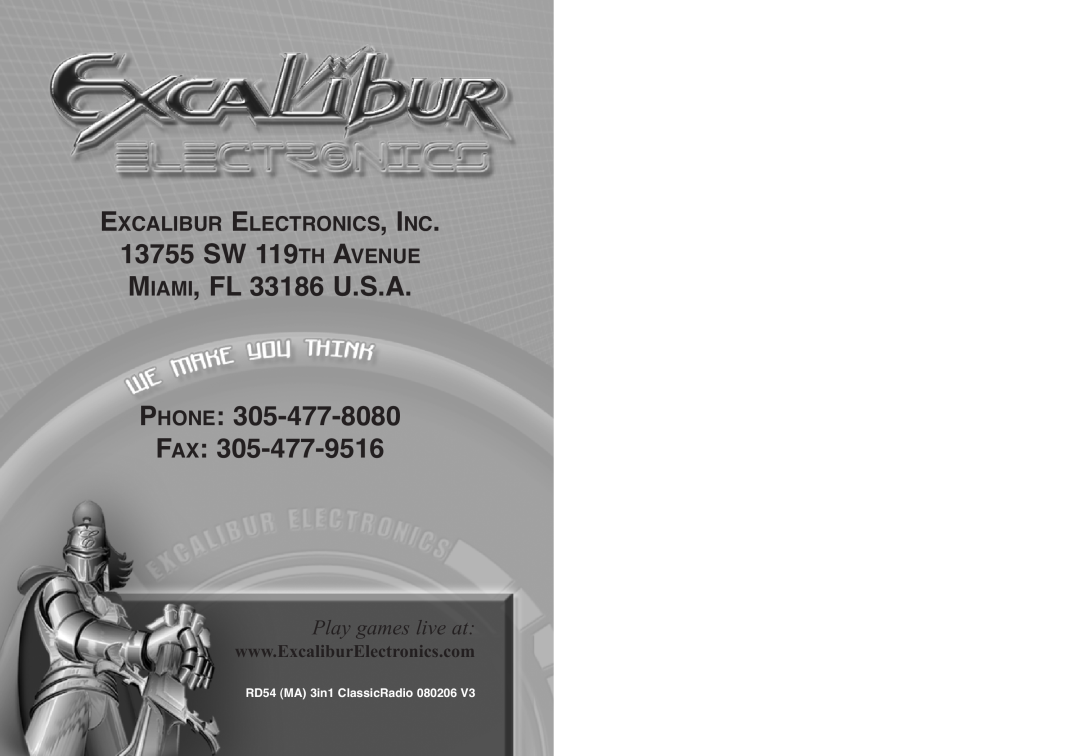 Excalibur electronic RD54 manual 13755 SW 119TH AVENUE MIAMI, FL 33186 U.S.A, Phone Fax, Play games live at 