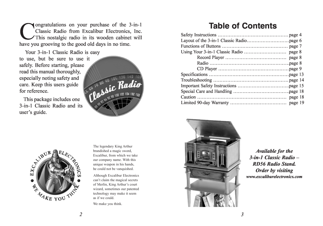 Excalibur electronic RD54 Table of Contents, Available for the 3-in-1Classic Radio, RD56 Radio Stand Order by visiting 
