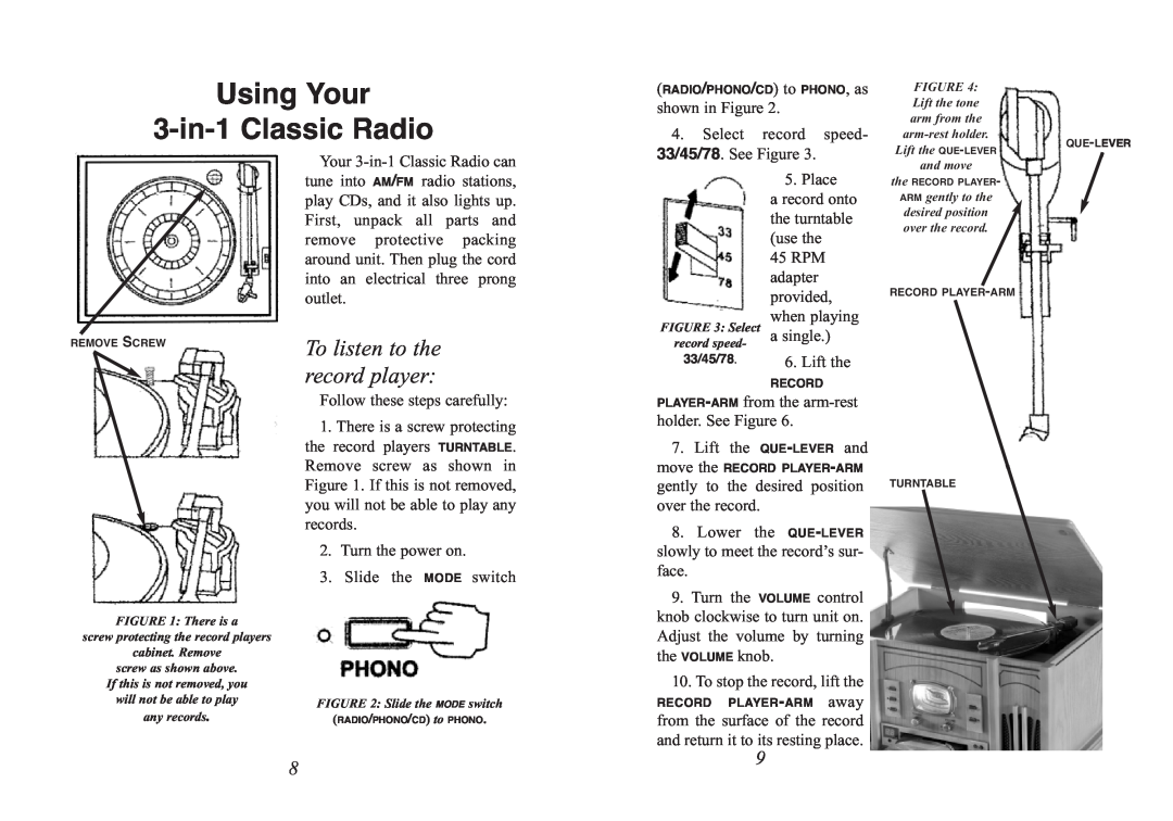 Excalibur electronic RD54 manual Using Your 3-in-1Classic Radio, To listen to the record player 