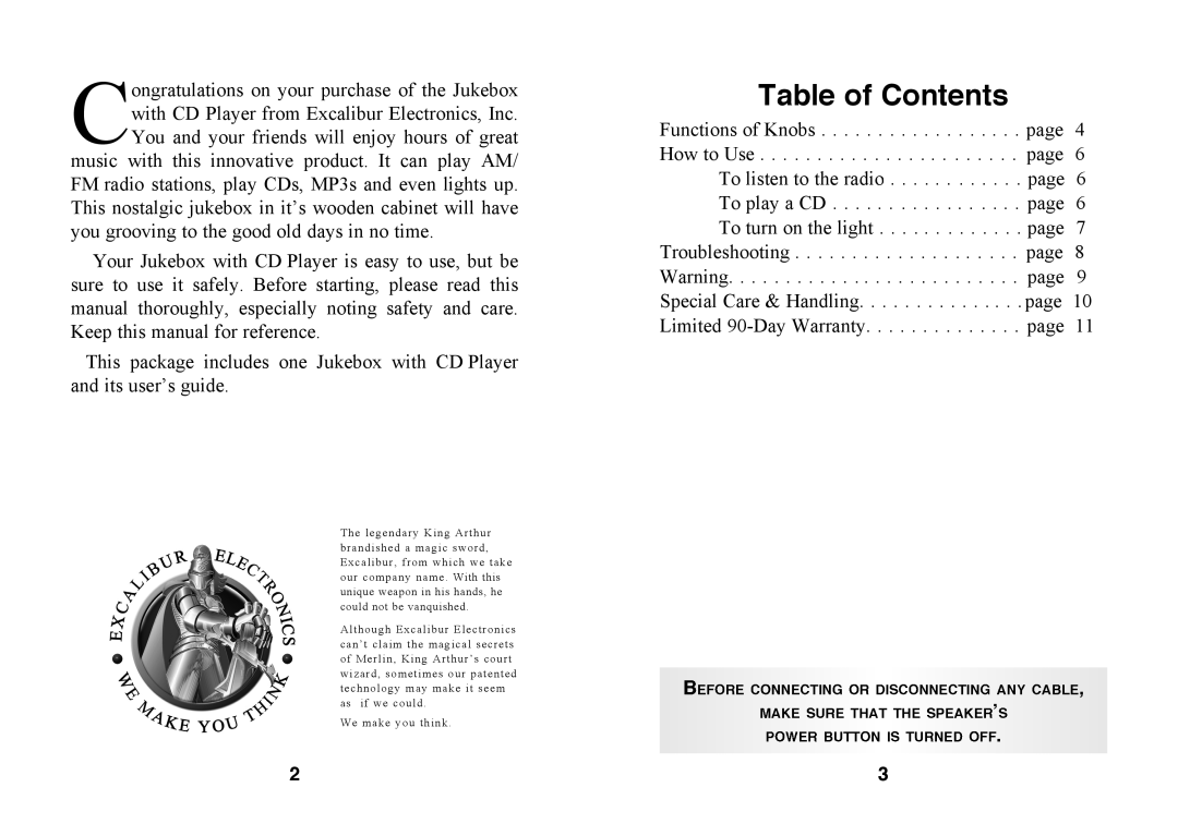 Excalibur electronic RD66 manual Table of Contents 