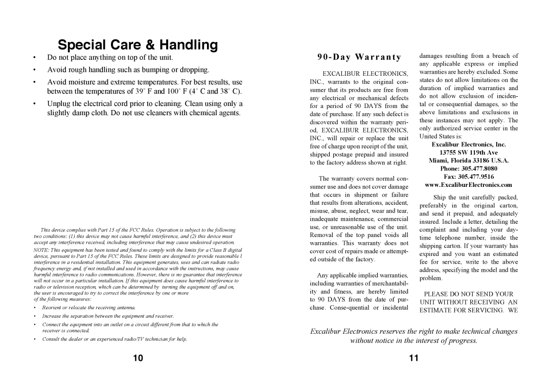 Excalibur electronic RD66 manual Special Care & Handling, Day Warranty 
