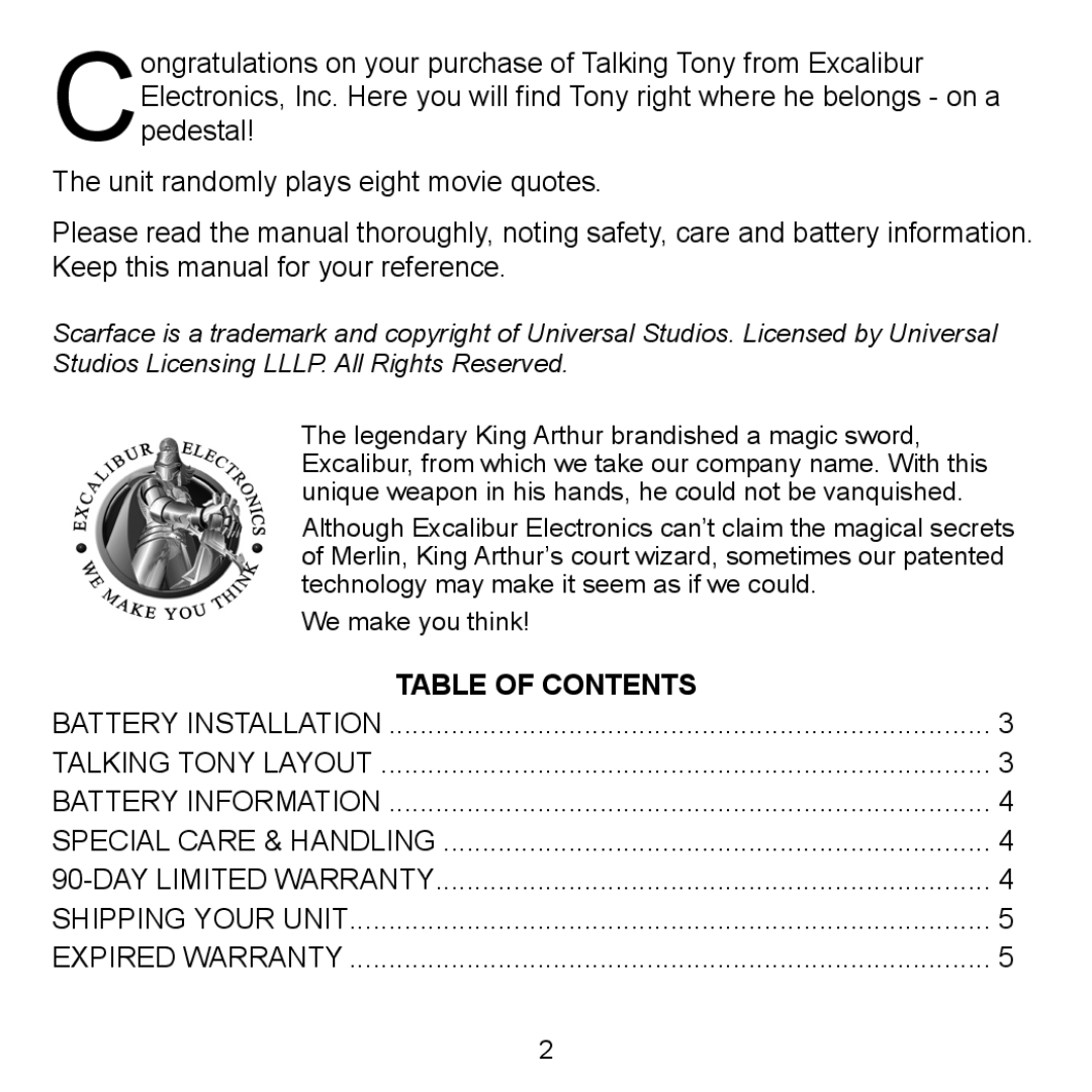 Excalibur electronic SF20-2 manual Table of Contents 