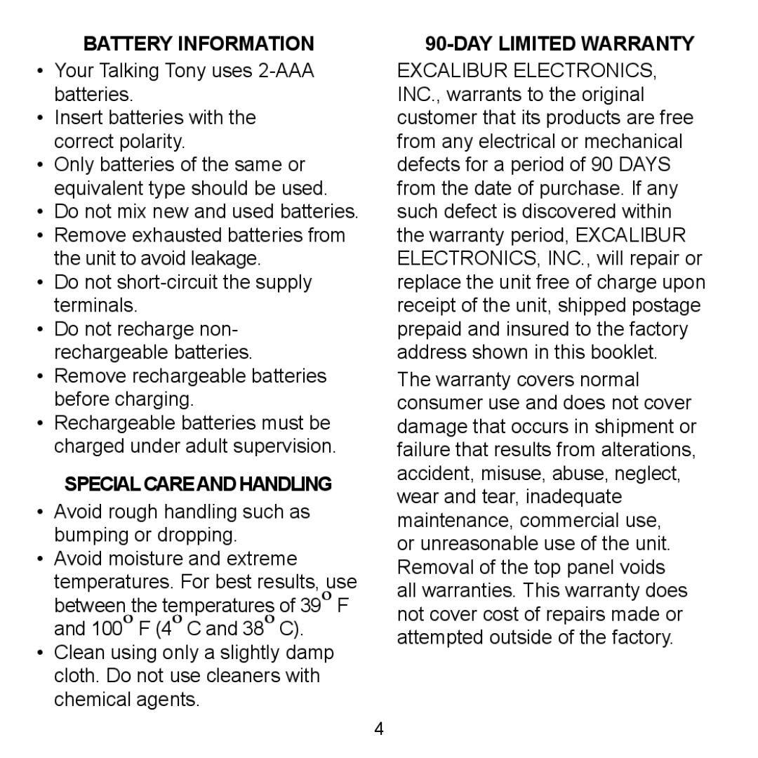 Excalibur electronic SF20-2 manual Battery Information, Special Careand Handling, DAY Limited Warranty 