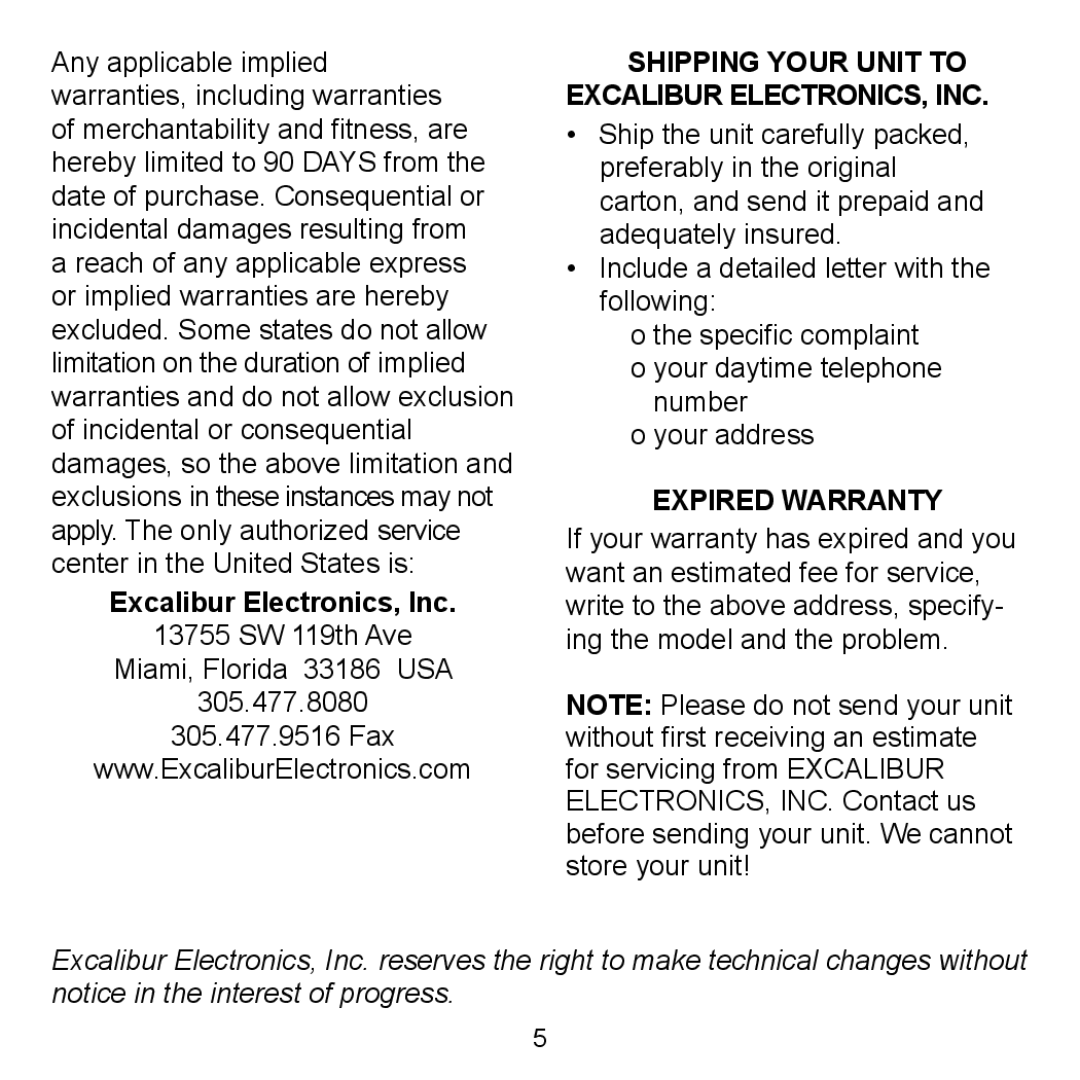 Excalibur electronic SF20-2 manual Excalibur Electronics, Inc, Expired Warranty 