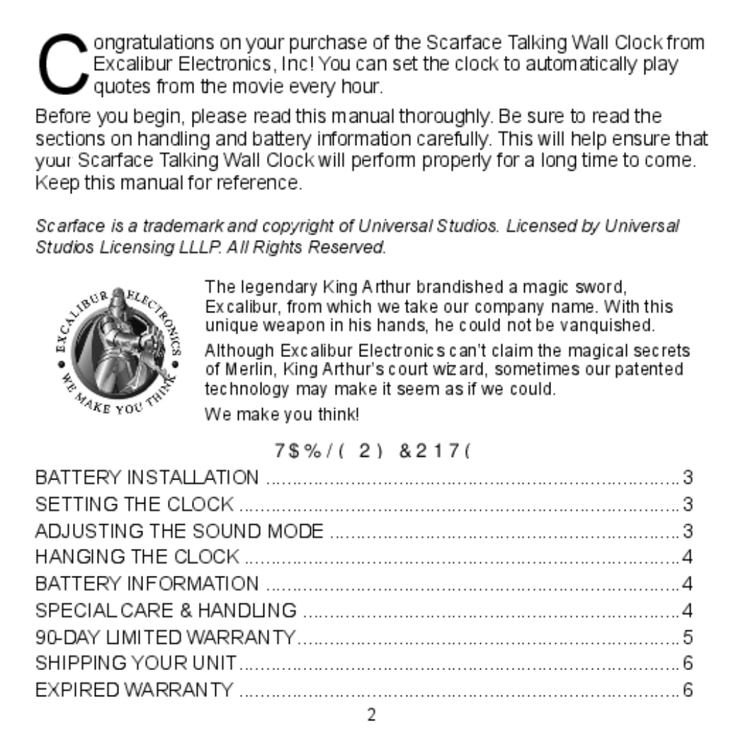 Excalibur electronic SF23 manual Table of Contents 