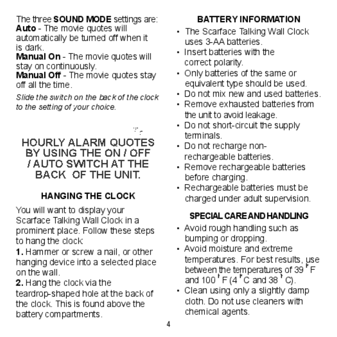 Excalibur electronic SF23 manual Hanging the Clock, Battery Information, Special Careand Handling 