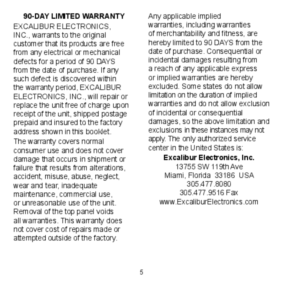 Excalibur electronic SF23 manual DAY Limited Warranty 