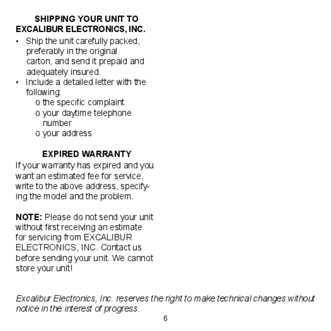 Excalibur electronic SF23 manual Shipping Your Unit to Excalibur ELECTRONICS, INC, Expired Warranty 